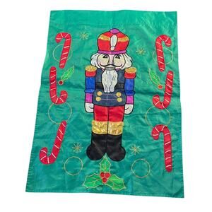 Vtg Applique Christmas Holiday Yard Flag Double Sided Nutcracker Candy Cane